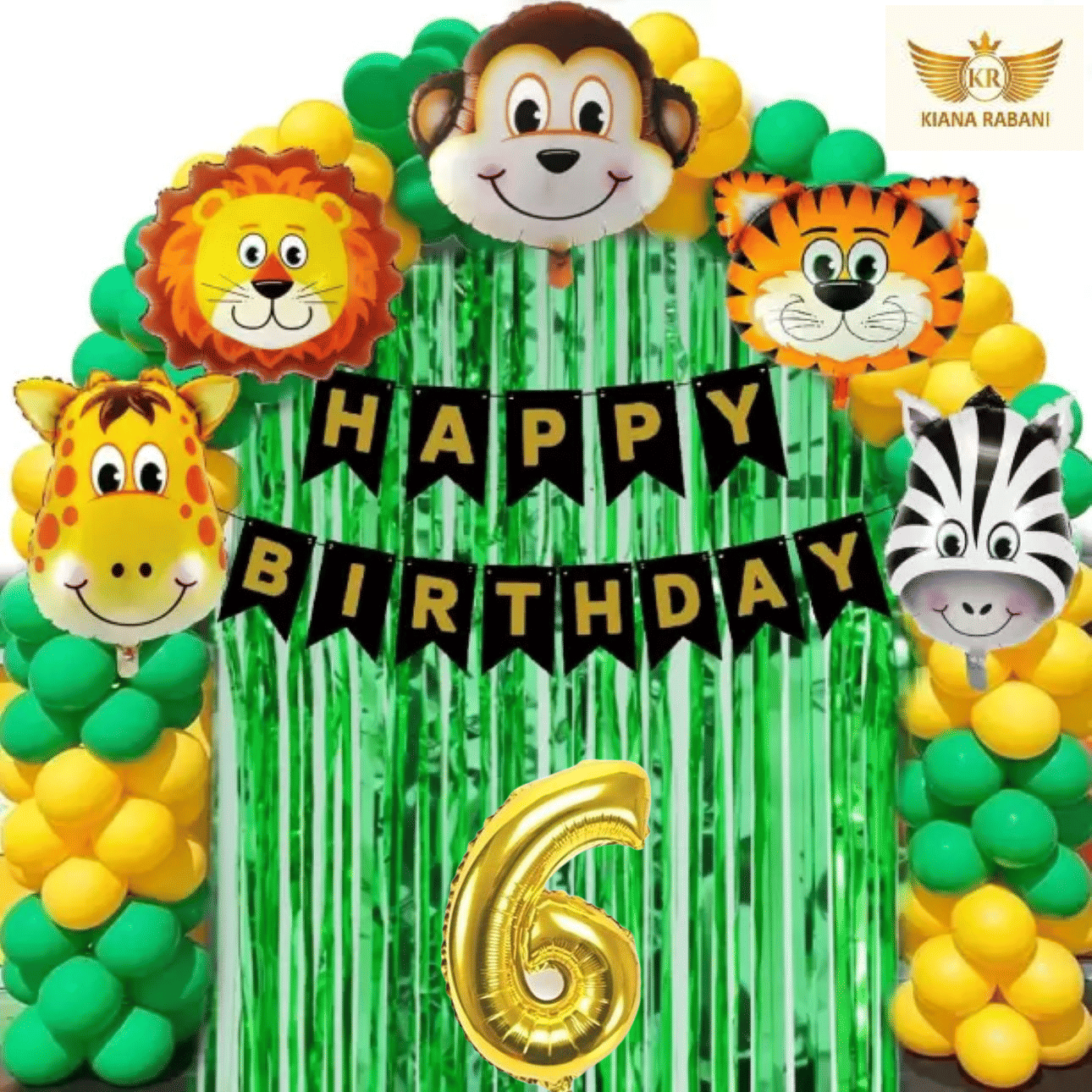     			KR 6TH HAPPY BIRTHDAY PARTY DECORATION WITH HAPPY BIRTHDAY BLACK GOLD BANNER (13), 15 GREEN 15 GOLD BALLOON, 5 ANIMAL FACE BALLOON, 2 GREEN CURTAIN, 1 ARCH, 6 NO. GOLD FOIL BALLOON