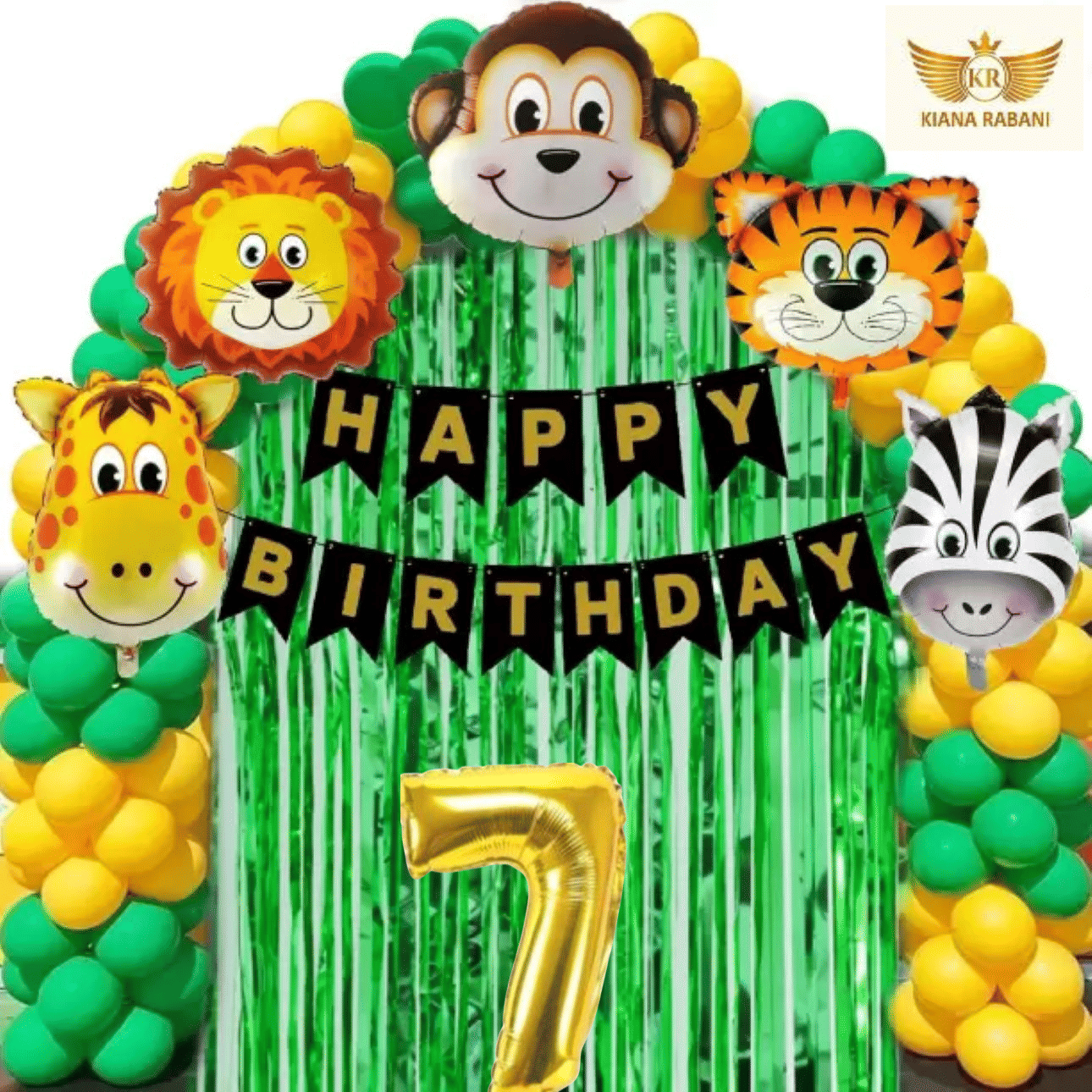     			KR 7TH HAPPY BIRTHDAY PARTY DECORATION WITH HAPPY BIRTHDAY BLACK GOLD BANNER (13), 15 GREEN 15 GOLD BALLOON, 5 ANIMAL FACE BALLOON, 2 GREEN CURTAIN, 1 ARCH, 7 NO. GOLD FOIL BALLOON