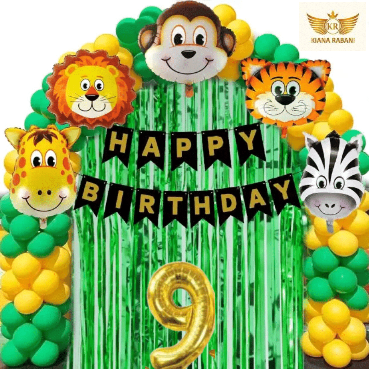     			KR 9TH HAPPY BIRTHDAY PARTY DECORATION WITH HAPPY BIRTHDAY BLACK GOLD BANNER (13), 15 GREEN 15 GOLD BALLOON, 5 ANIMAL FACE BALLOON, 2 GREEN CURTAIN, 1 ARCH, 9 NO. GOLD FOIL BALLOON