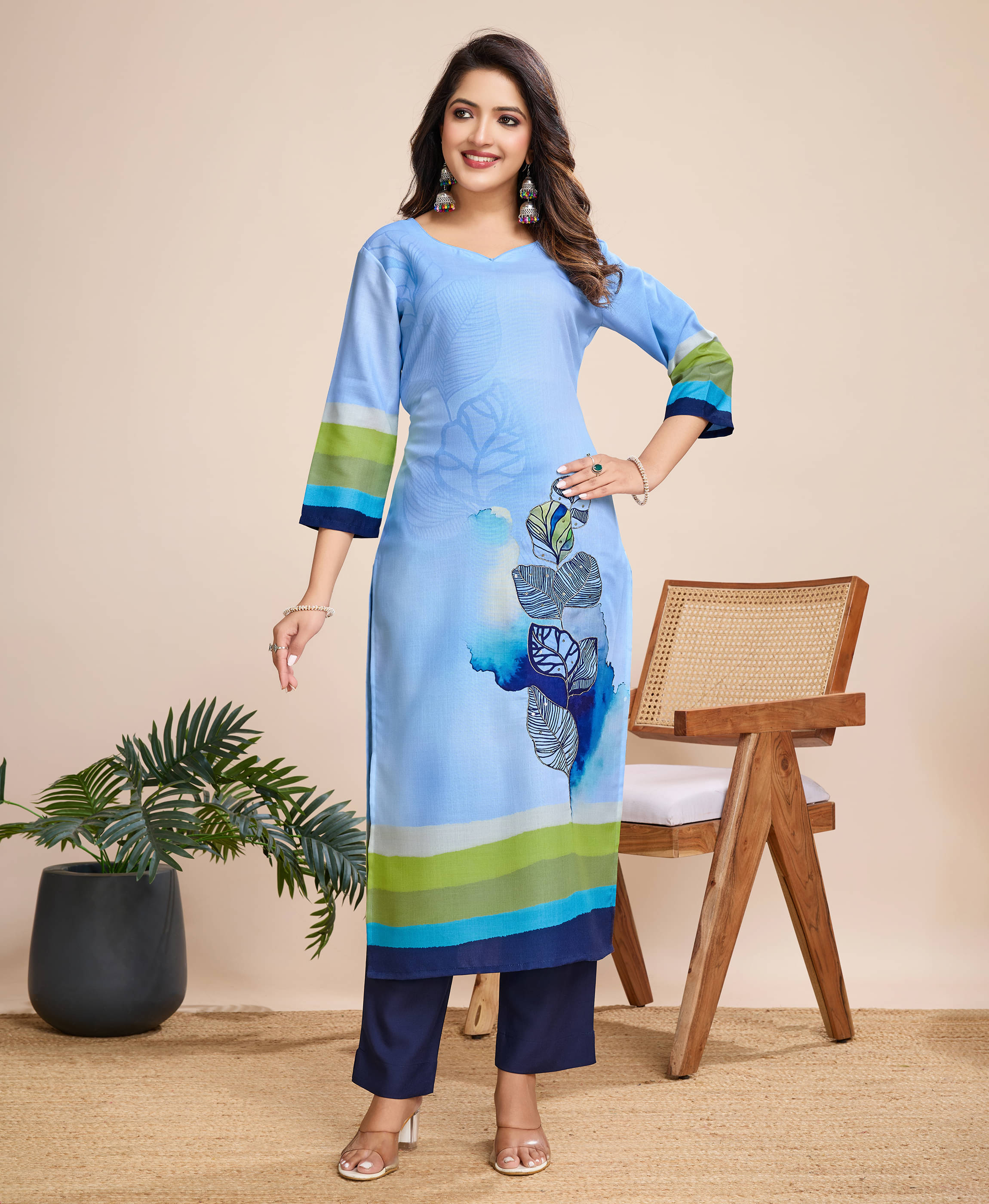 MOJILAA Linen Printed Kurti With Pants Women's Stitched Salwar Suit - Blue ( Pack of 1 )     			MOJILAA Linen Printed Kurti With Pants Women's Stitched Salwar Suit - Blue ( Pack of 1 )