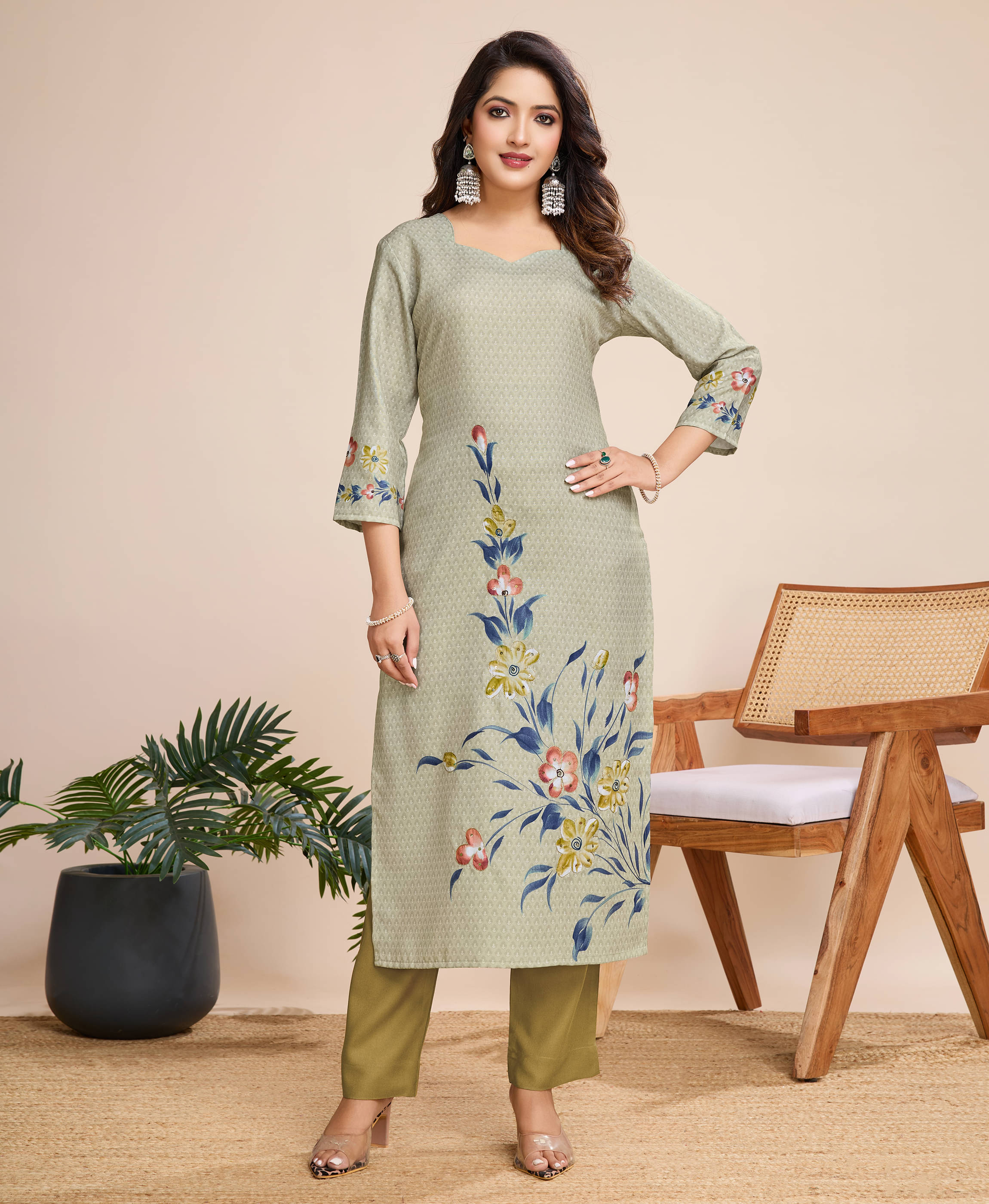     			MOJILAA Linen Printed Kurti With Pants Women's Stitched Salwar Suit - Khaki ( Pack of 1 )