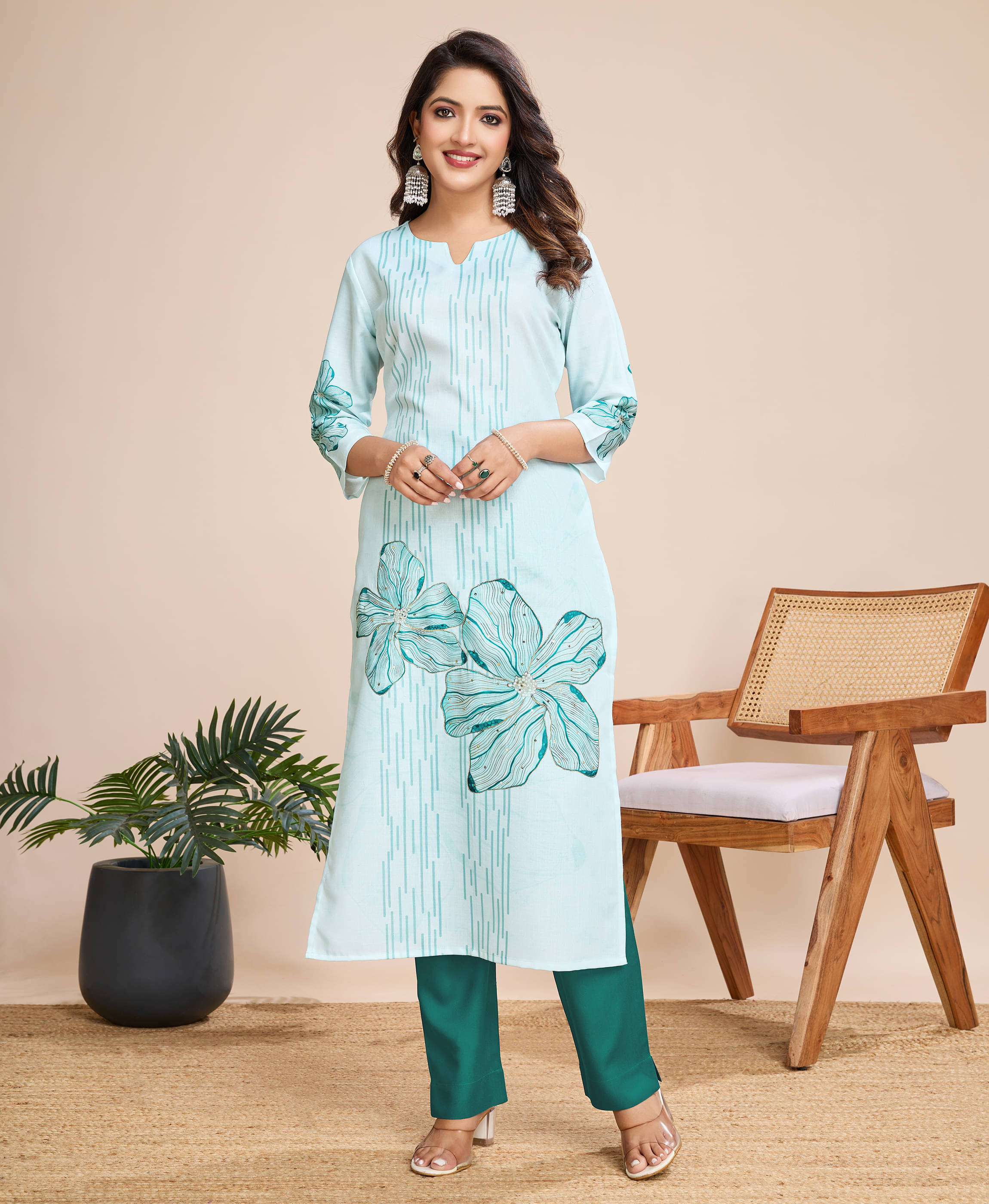 MOJILAA Linen Printed Kurti With Pants Women's Stitched Salwar Suit - Blue ( Pack of 1 ) MOJILAA Linen Printed Kurti With Pants Women's Stitched Salwar Suit - Blue ( Pack of 1 )