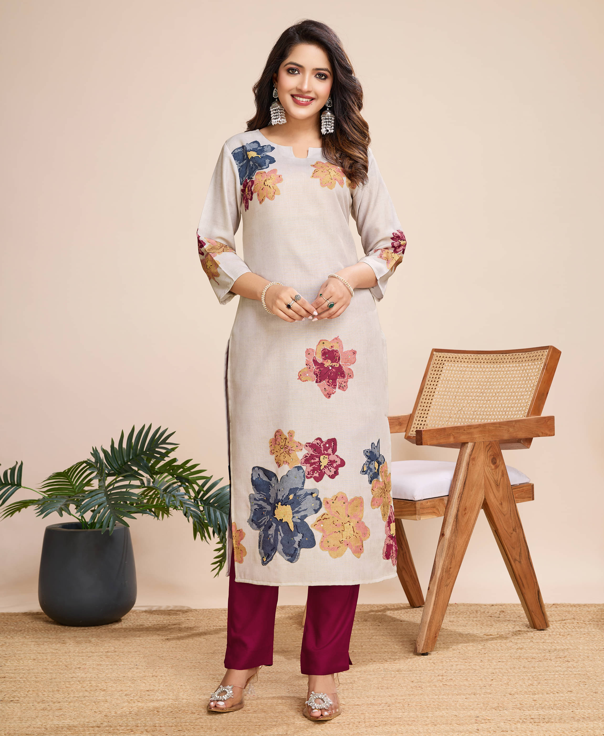 MOJILAA Linen Printed Kurti With Pants Women's Stitched Salwar Suit - Beige ( Pack of 1 ) MOJILAA Linen Printed Kurti With Pants Women's Stitched Salwar Suit - Beige ( Pack of 1 )