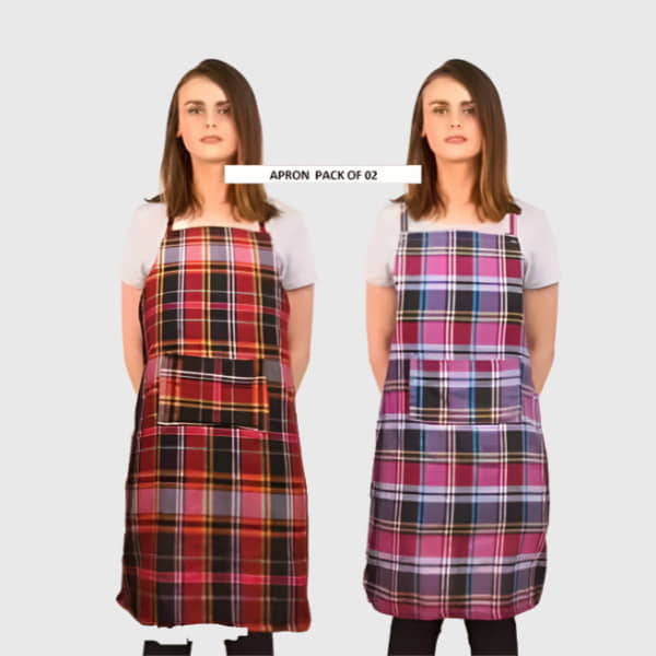 Sanraksshan Cotton Checks Kitchen Apron with 1 Center Pocket ( Pack of 2 )