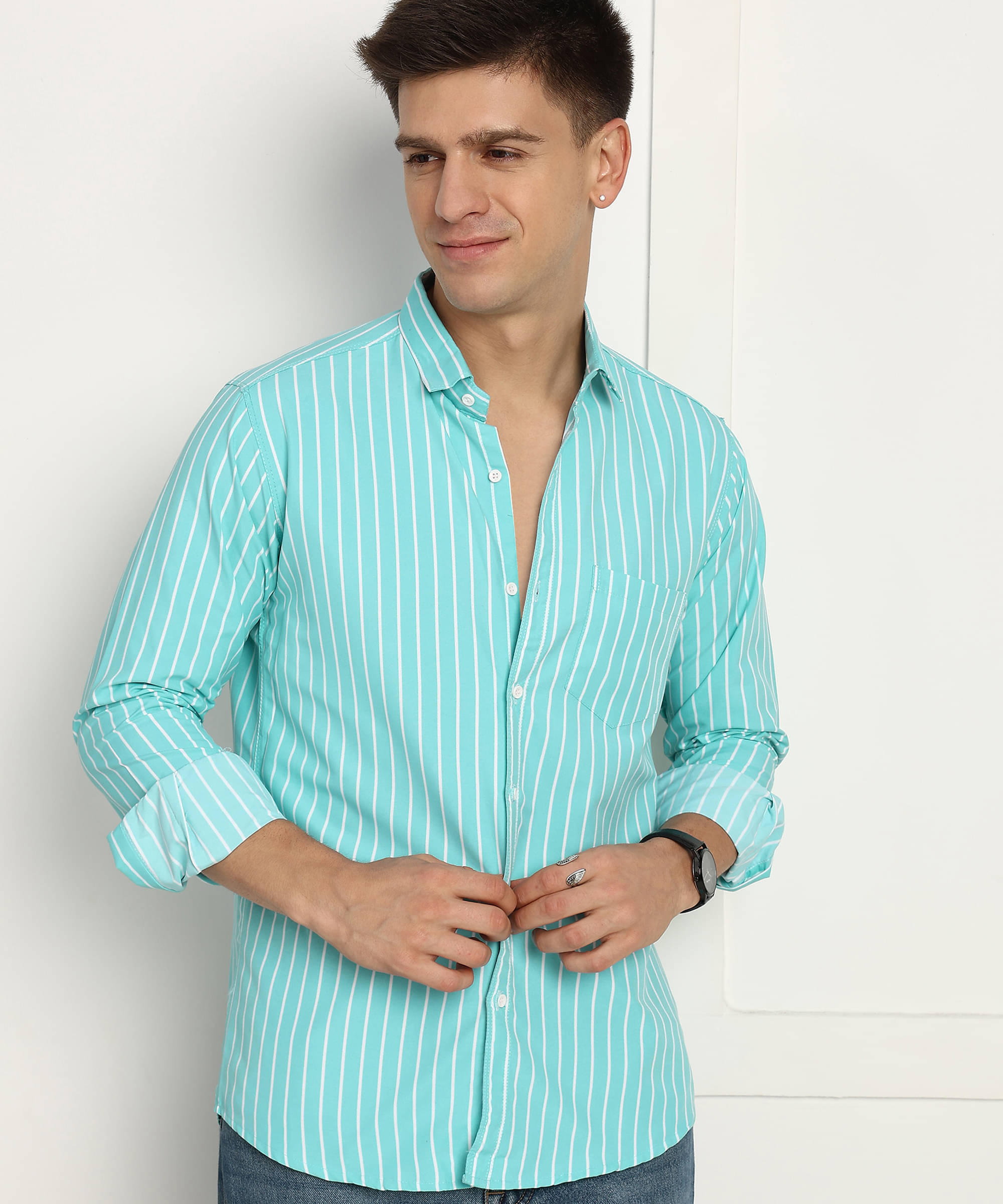 U TURN Cotton Blend Slim Fit Striped Full Sleeves Men's Casual Shirt - Mint Green ( Pack of 1 ) U TURN Cotton Blend Slim Fit Striped Full Sleeves Men's Casual Shirt - Mint Green ( Pack of 1 )