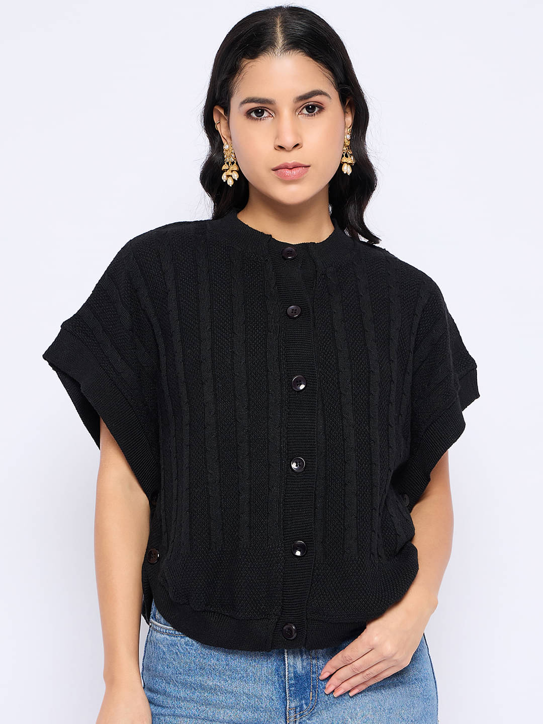 VIAZAA Women Acro Wool Round Neck Cardigan ( Black )     			VIAZAA Women Acro Wool Round Neck Cardigan ( Black )