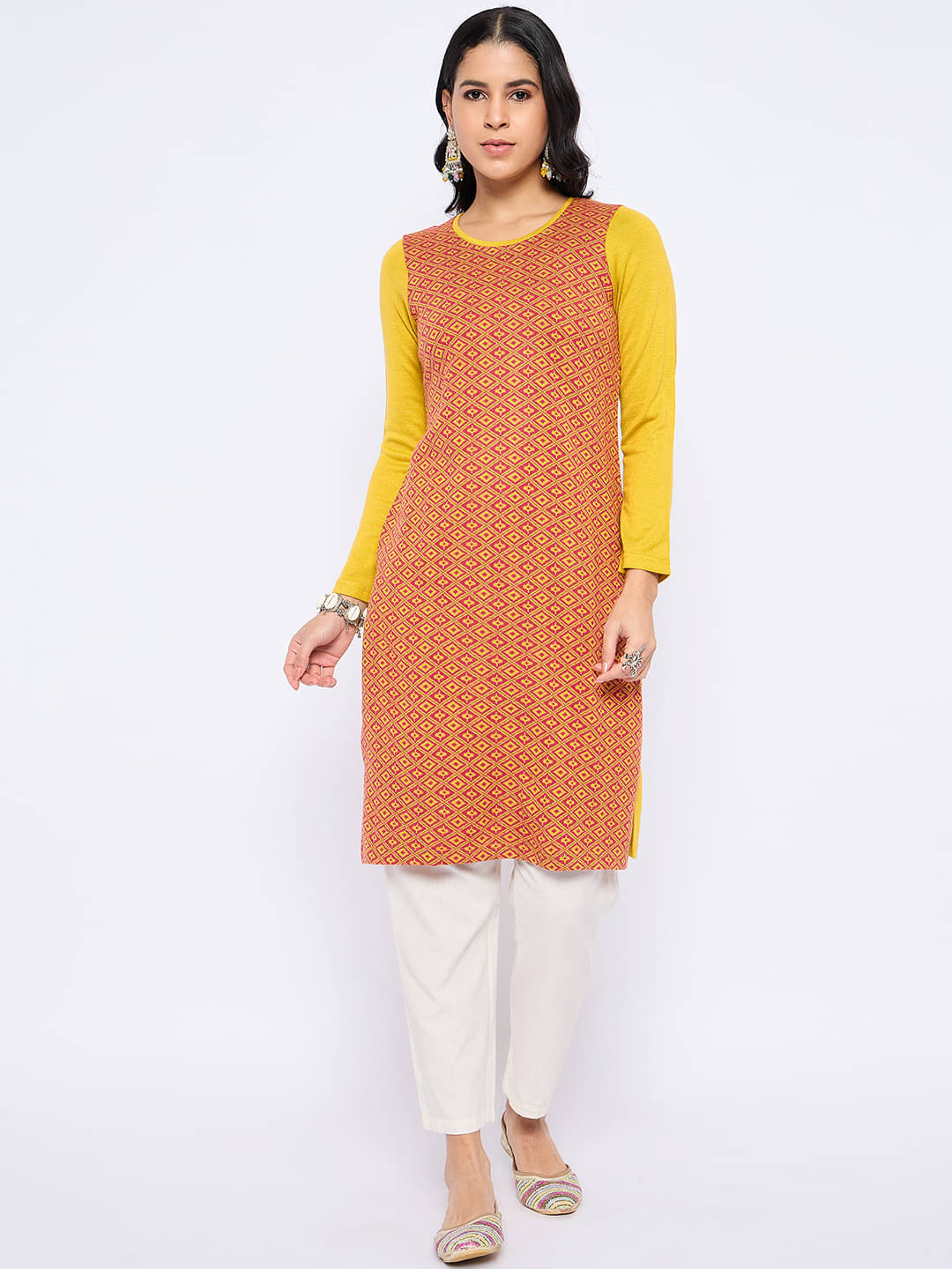     			VIAZAA Pack of 1 Acrylic Self Design A-line Women's Kurti - ( Mustard )
