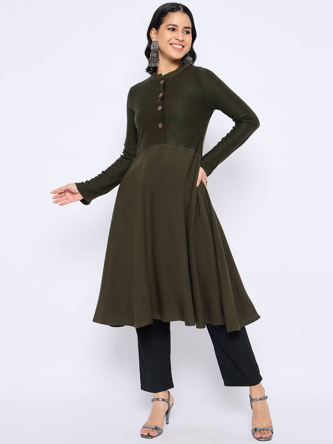 VIAZAA Pack of 1 Acrylic Self Design A-line Women's Kurti - ( Olive ) VIAZAA Pack of 1 Acrylic Self Design A-line Women's Kurti - ( Olive )