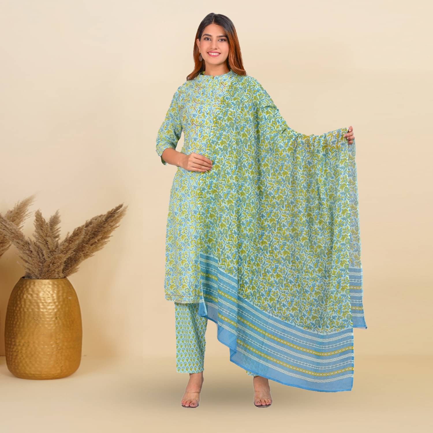 Yash Gallery Cotton Printed Kurti With Pants Women's Stitched Salwar Suit - Blue ( Pack of 1 ) Yash Gallery Cotton Printed Kurti With Pants Women's Stitched Salwar Suit - Blue ( Pack of 1 )