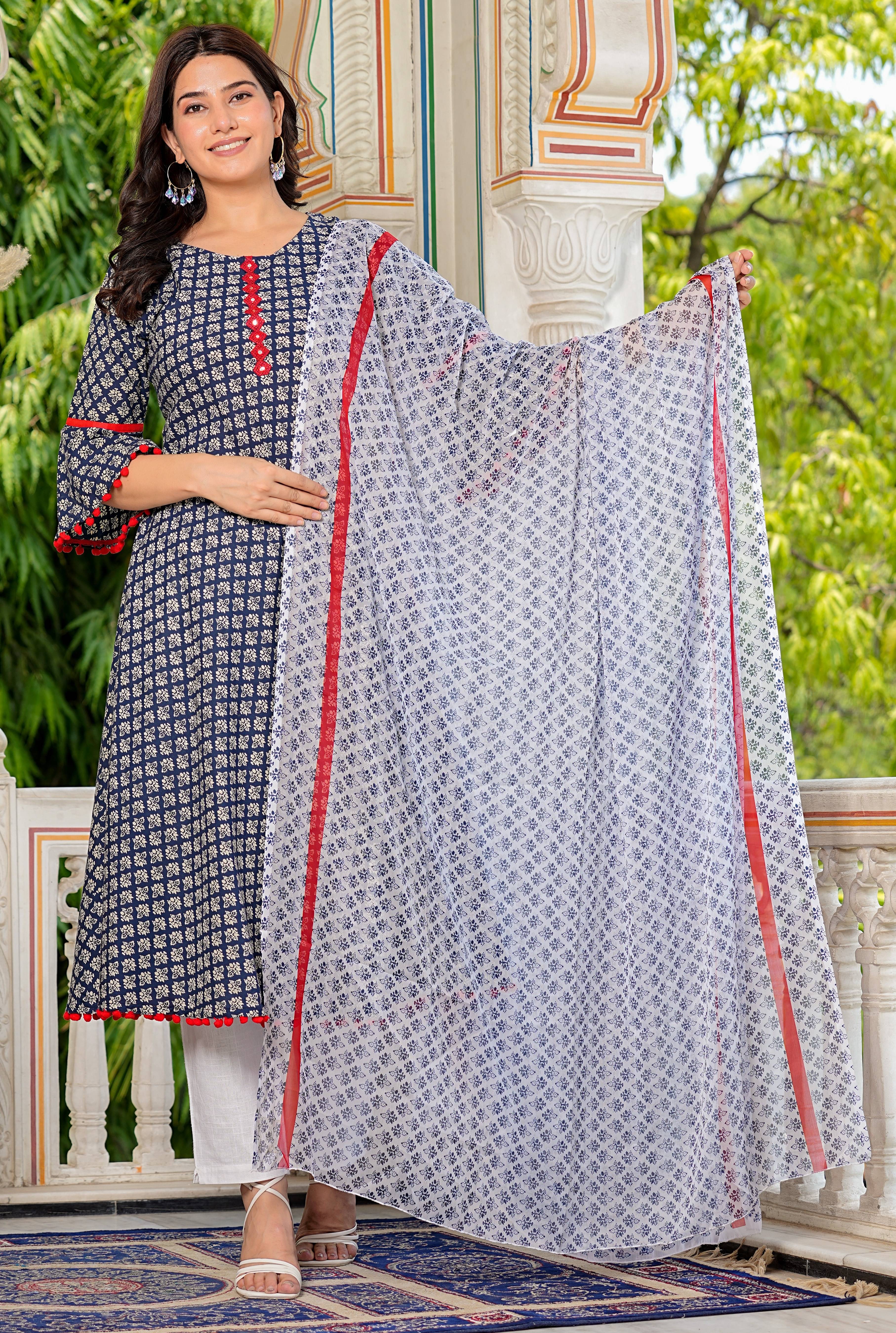     			Yash Gallery Pack of 1 Cotton Printed A-line Women's Kurti with Dupatta - ( Blue )