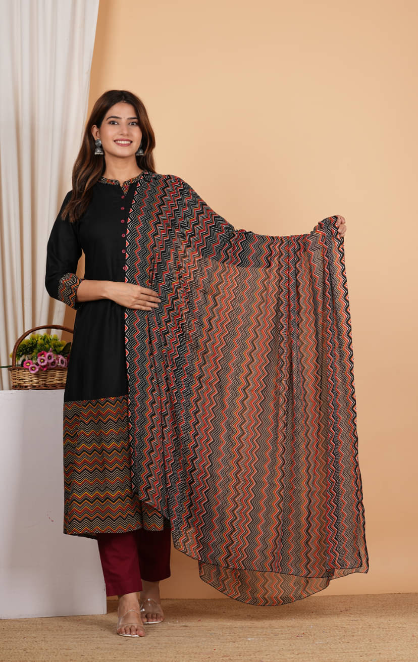 Yash Gallery Pack of 1 Rayon Printed A-line Women's Kurti with Dupatta - ( Black ) Yash Gallery Pack of 1 Rayon Printed A-line Women's Kurti with Dupatta - ( Black )