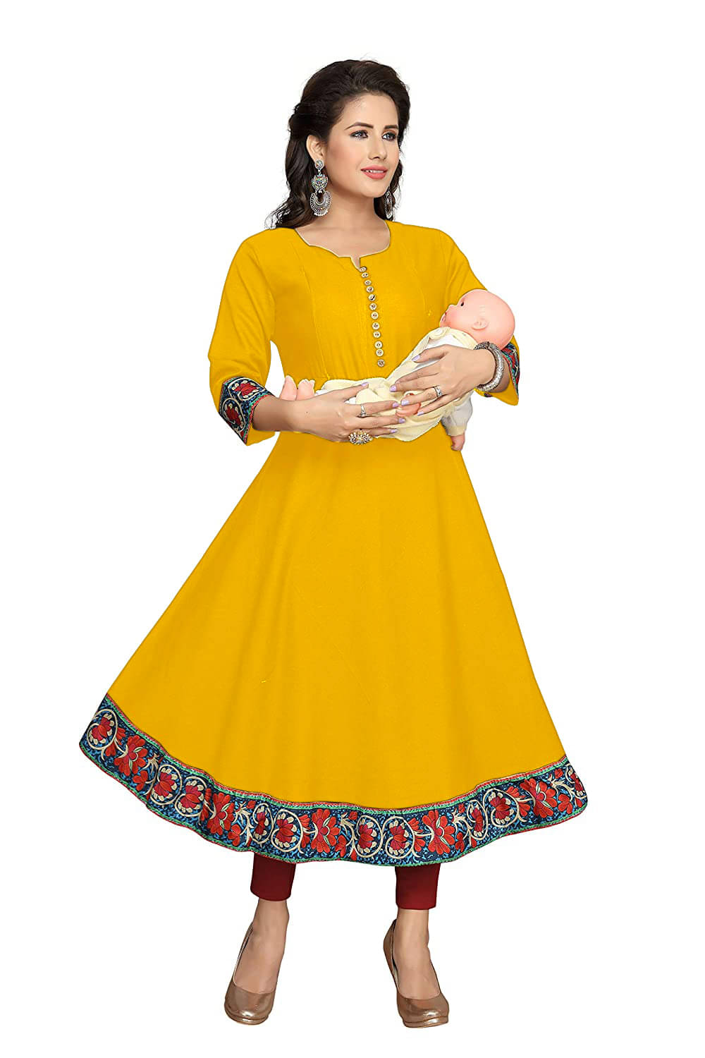     			HF Holyday Fashion Yellow Cotton Maternity Kurta Single