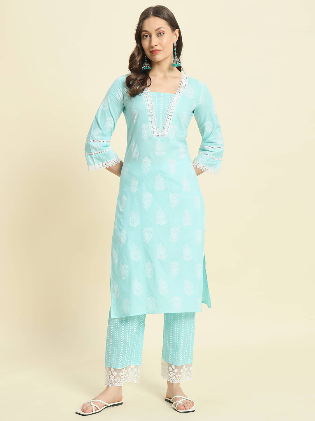     			Kbz Cotton Printed Kurti With Pants Women's Stitched Salwar Suit - Turquoise ( Pack of 1 )