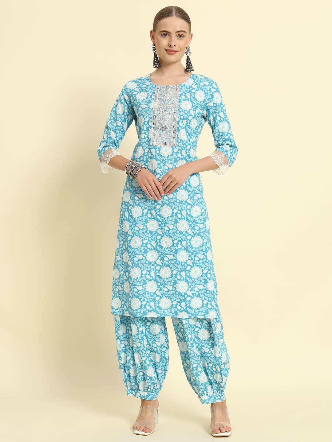     			Kbz Cotton Printed Kurti With Salwar Women's Stitched Salwar Suit - Turquoise ( Pack of 1 )