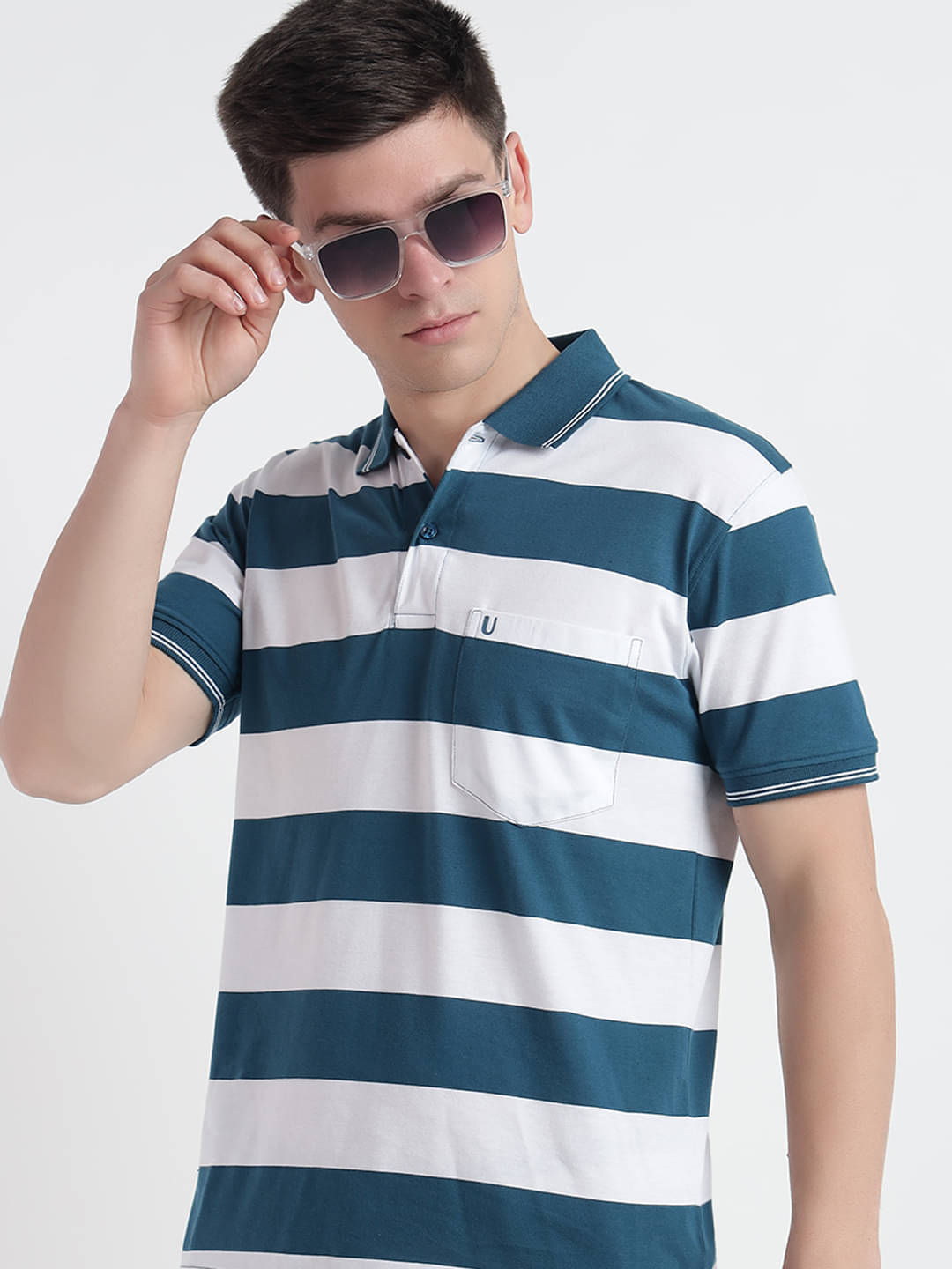 UNIBERRY Pack of 1 Cotton Regular Fit Striped Half Sleeves Men's Polo T Shirt ( Teal Blue )     			UNIBERRY Pack of 1 Cotton Regular Fit Striped Half Sleeves Men's Polo T Shirt ( Teal Blue )