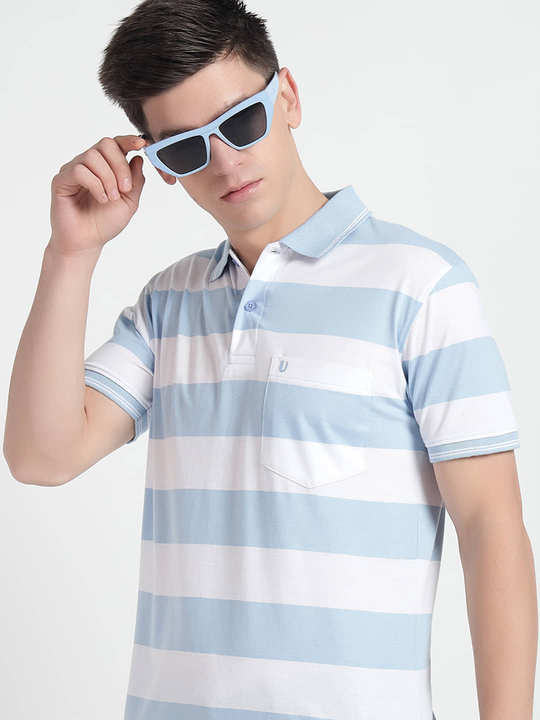 UNIBERRY Pack of 1 Cotton Regular Fit Striped Half Sleeves Men's Polo T Shirt ( Sky Blue )