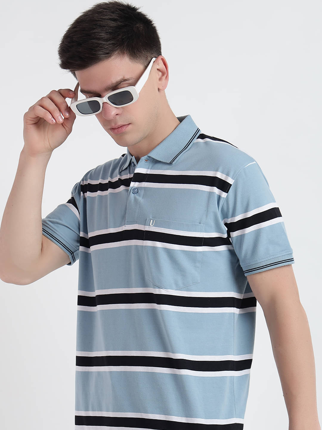     			UNIBERRY Pack of 1 Cotton Regular Fit Striped Half Sleeves Men's Polo T Shirt ( Aqua )