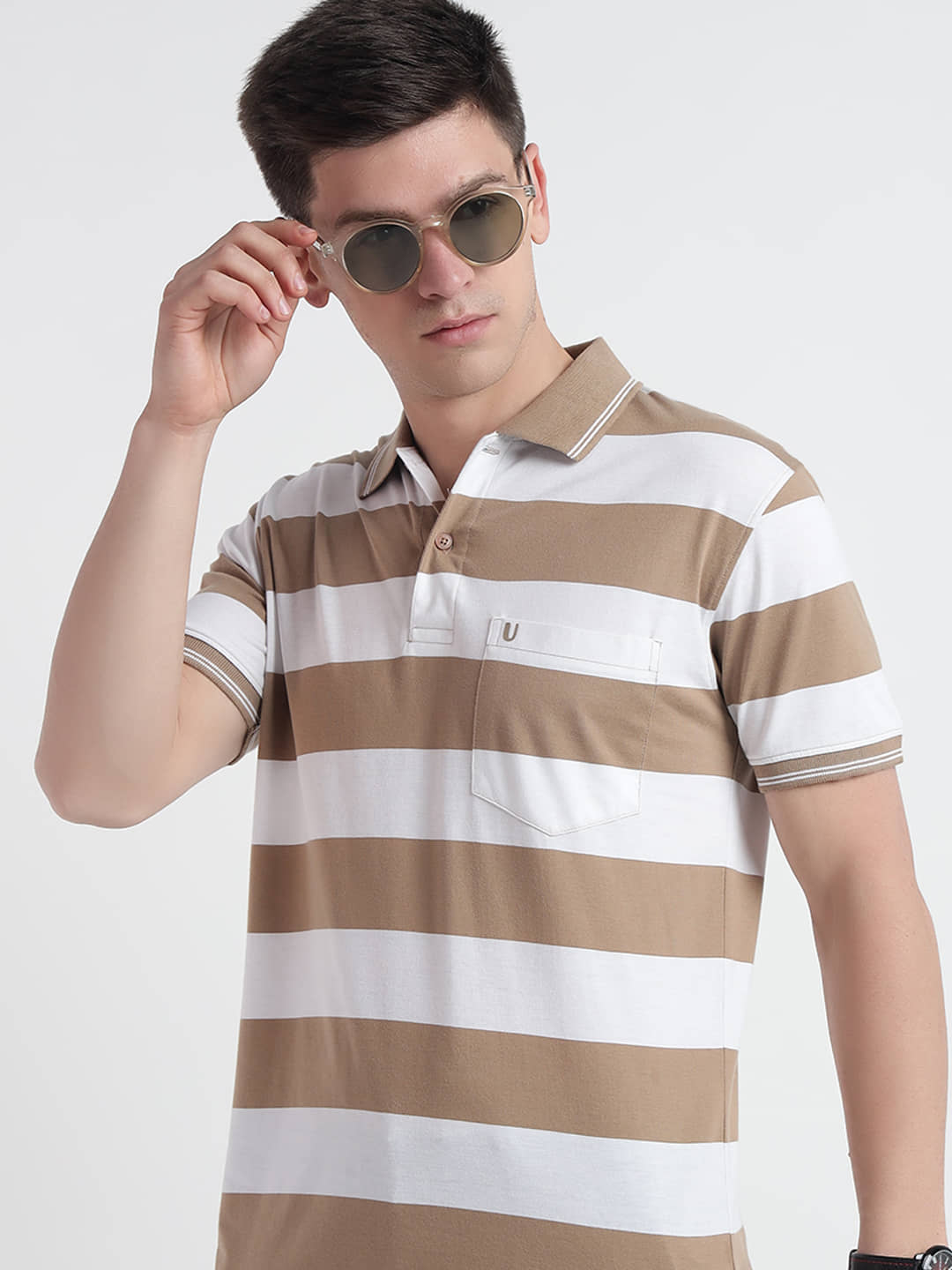 UNIBERRY Pack of 1 Cotton Regular Fit Striped Half Sleeves Men's Polo T Shirt ( Beige )