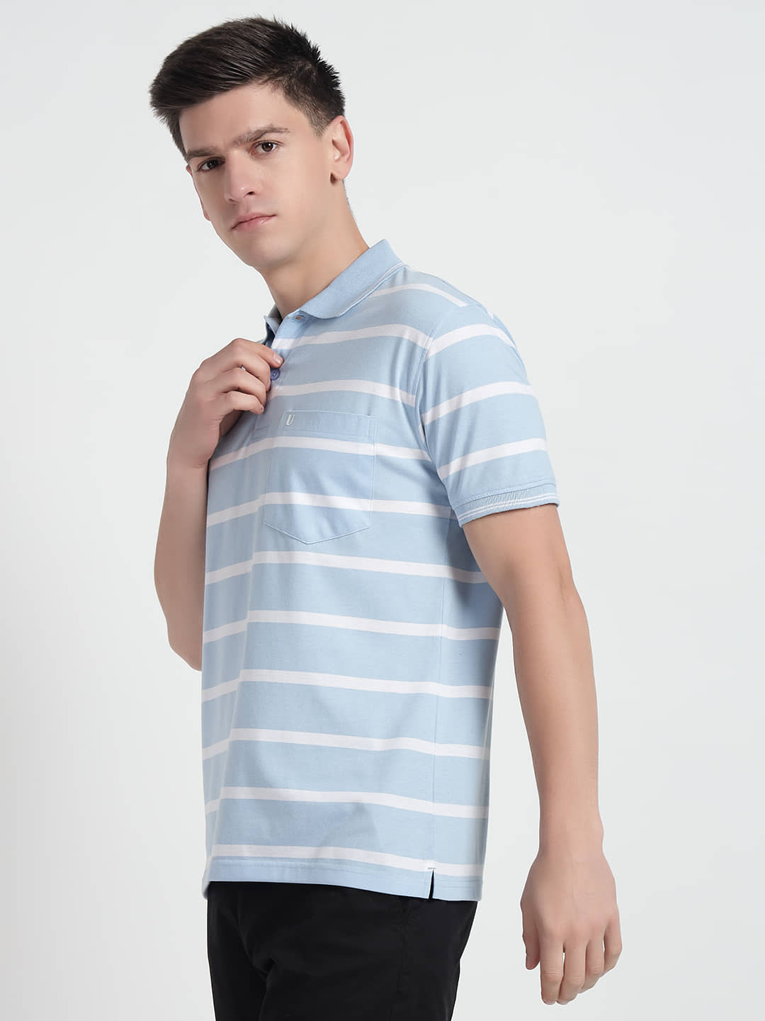 UNIBERRY Pack of 1 Cotton Regular Fit Striped Half Sleeves Men's Polo T Shirt ( Sky Blue )