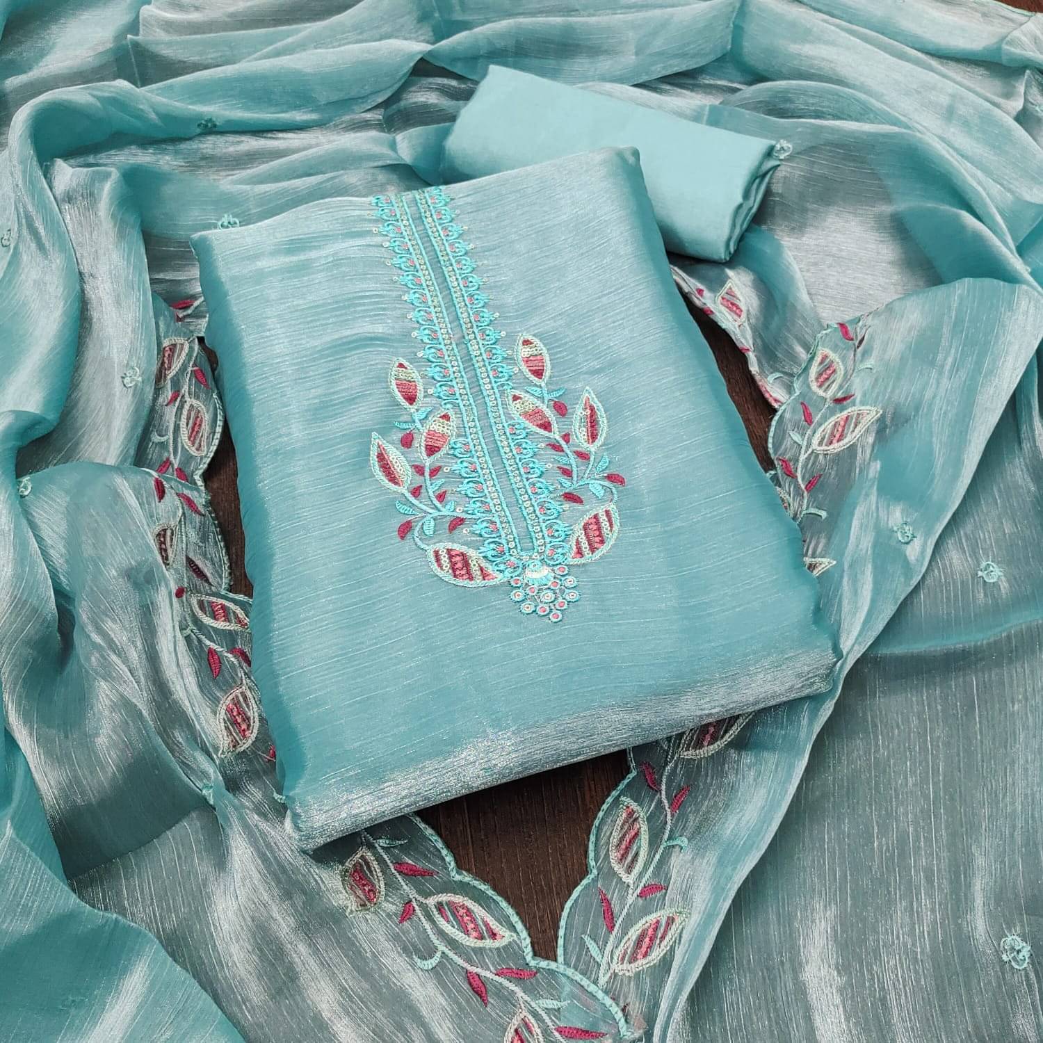     			ALSHOP Unstitched Organza Embroidered Dress Material - Light Blue ( Pack of 1 )