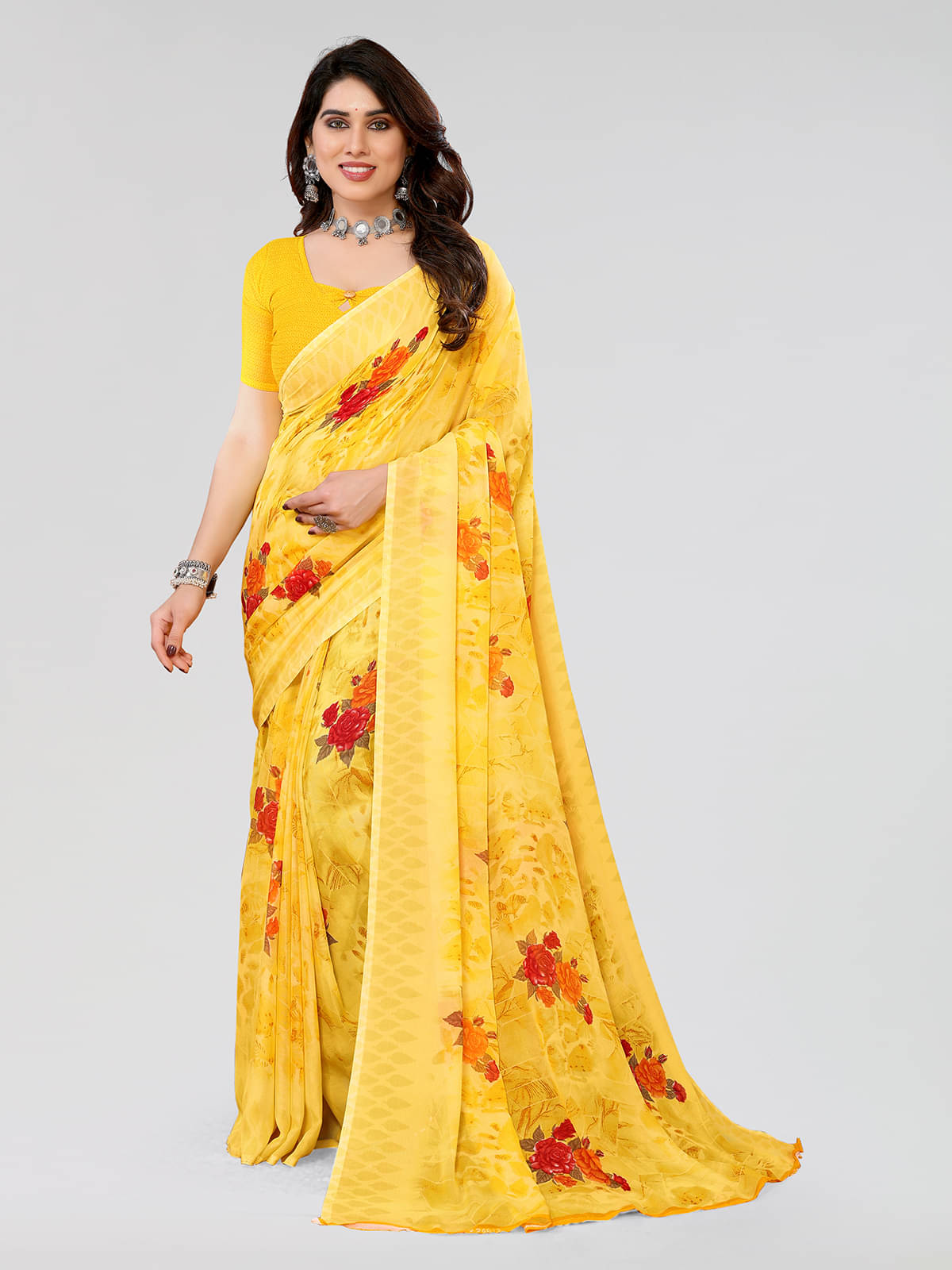 ANAND SAREES Georgette Printed Saree With Unstitched Blouse Piece ( Yellow ) ANAND SAREES Georgette Printed Saree With Unstitched Blouse Piece ( Yellow )