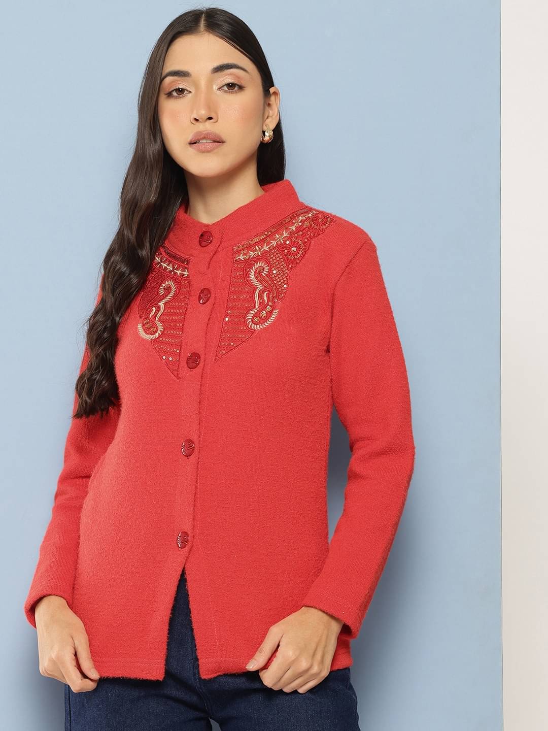Aarika Woollen Chinese/Mandarin Collar Women's Buttoned Cardigans - Red ( Single ) Aarika Woollen Chinese/Mandarin Collar Women's Buttoned Cardigans - Red ( Single )