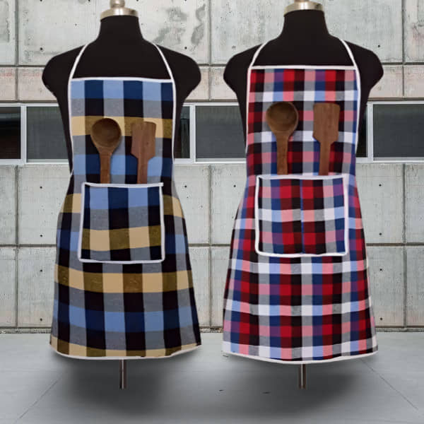 CreadCraft Cotton Checks Kitchen Apron with 1 Center Pocket ( Pack of 2 )