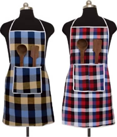 CreadCraft Cotton Checks Kitchen Apron with 1 Center Pocket ( Pack of 2 )
