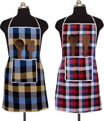 CreadCraft Cotton Checks Kitchen Apron with 1 Center Pocket ( Pack of 2 )