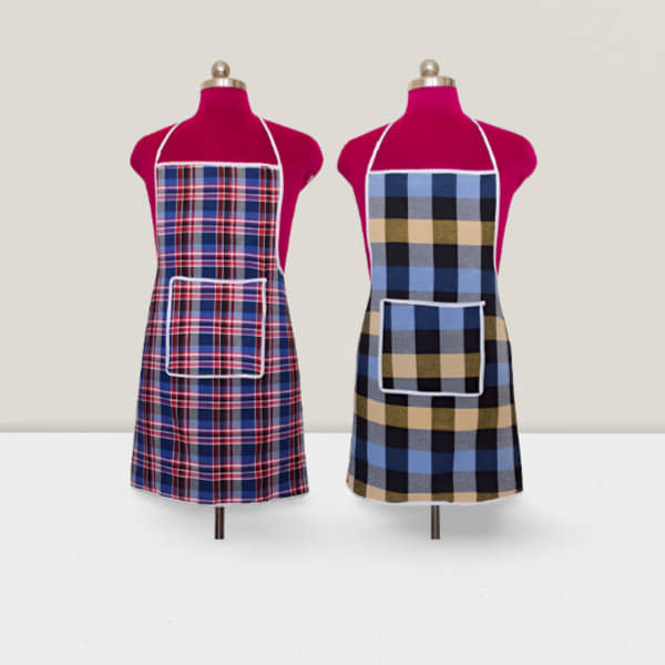 CreadCraft Cotton Checks Kitchen Apron with 1 Center Pocket ( Pack of 2 )