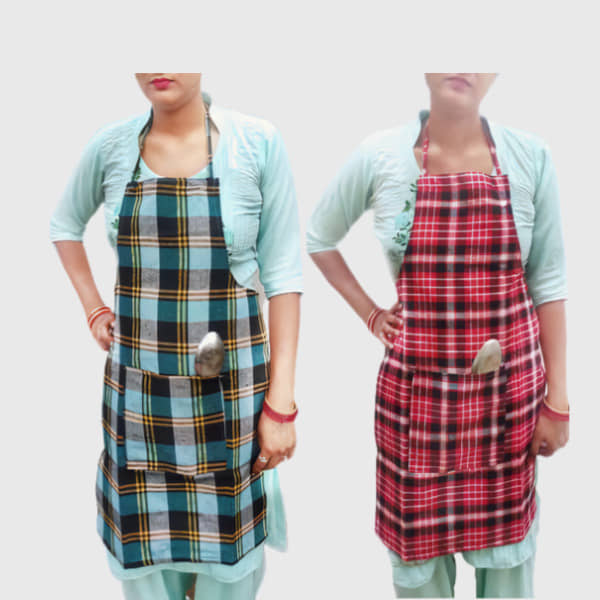 CreadCraft Cotton Checks Kitchen Apron with 1 Center Pocket ( Pack of 2 )