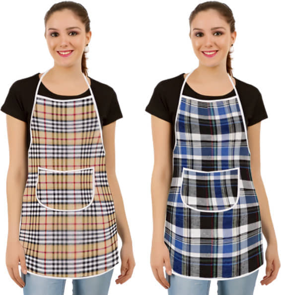 CreadCraft Cotton Checks Kitchen Apron with 1 Center Pocket ( Pack of 2 )