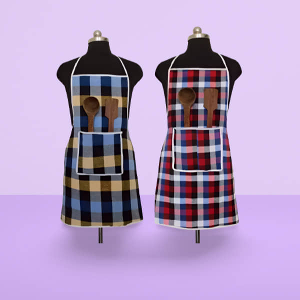 CreadCraft Cotton Checks Kitchen Apron with 1 Center Pocket ( Pack of 2 )