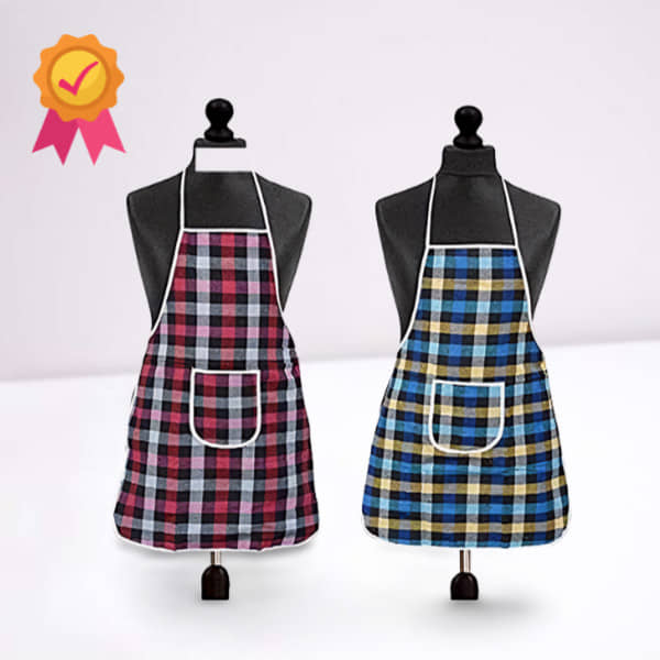 CreadCraft Cotton Checks Kitchen Apron with 1 Center Pocket ( Pack of 2 )