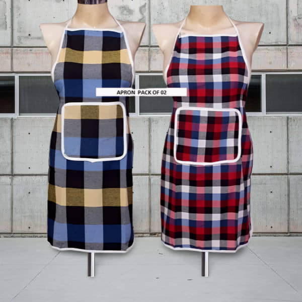 CreadCraft Cotton Checks Kitchen Apron with 1 Center Pocket ( Pack of 2 )