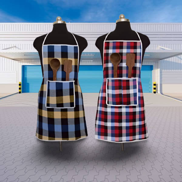 CreadCraft Cotton Checks Kitchen Apron with 1 Center Pocket ( Pack of 2 )