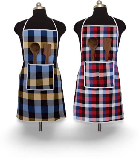 CreadCraft Cotton Checks Kitchen Apron with 1 Center Pocket ( Pack of 2 )