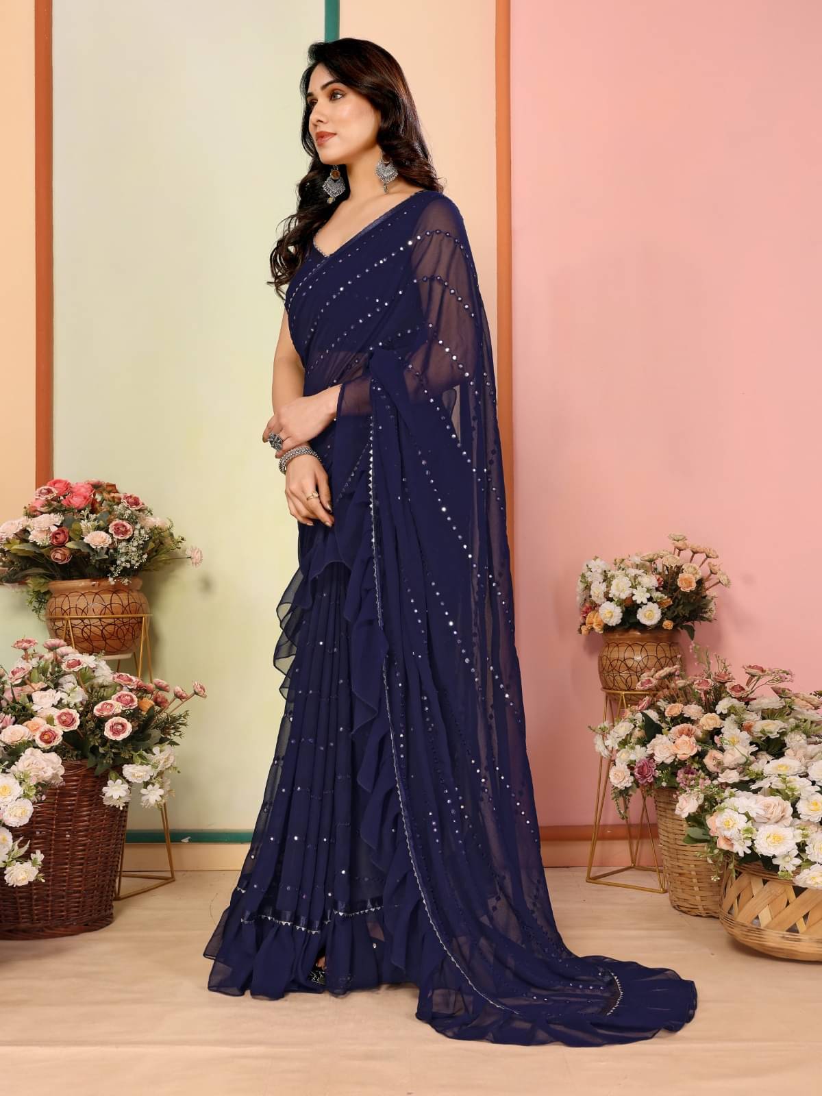     			DIKONA DESIGNER Georgette Embroidered Saree With Unstitched Blouse Piece ( Blue )