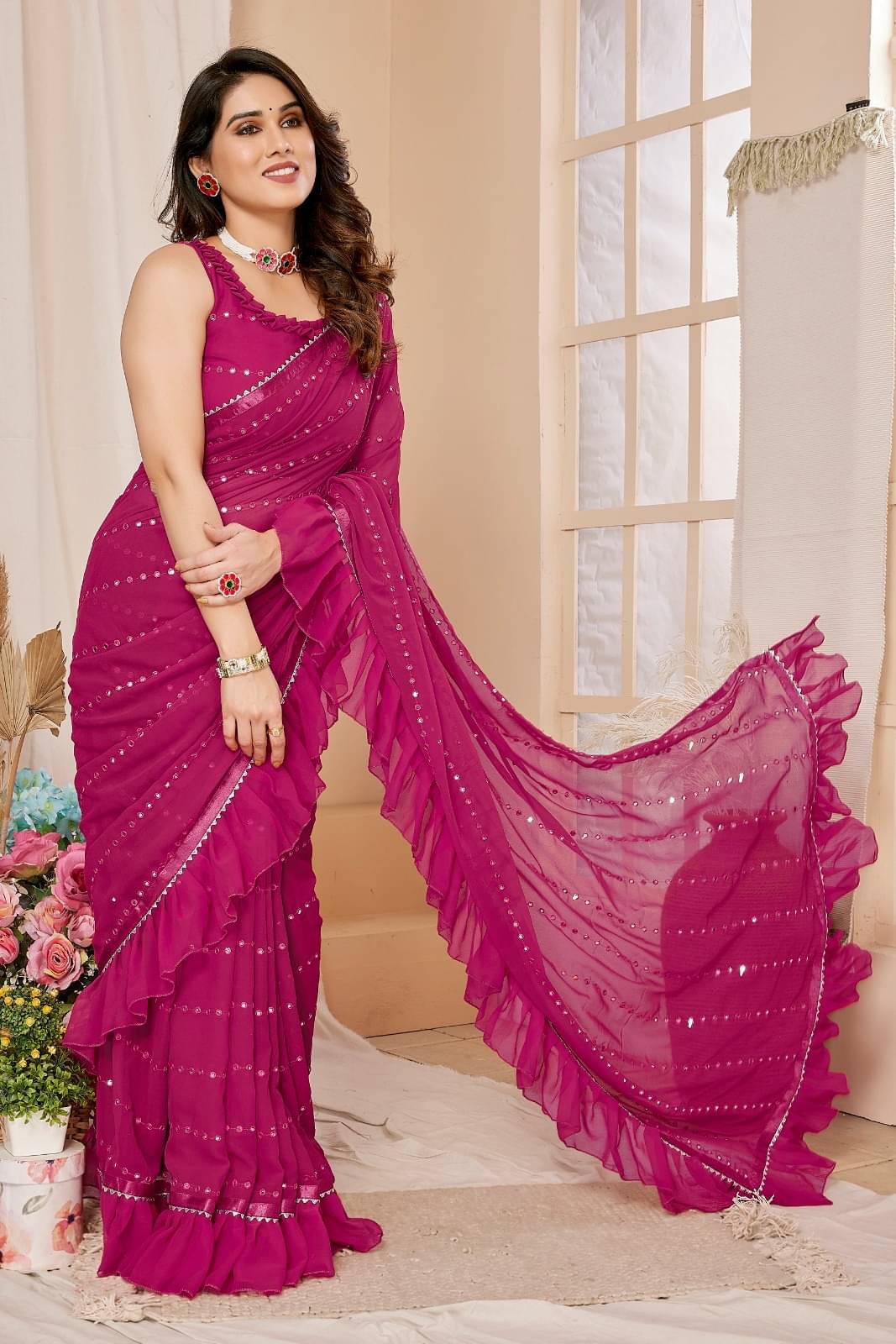     			DIKONA DESIGNER Georgette Embroidered Saree With Unstitched Blouse Piece ( Pink )