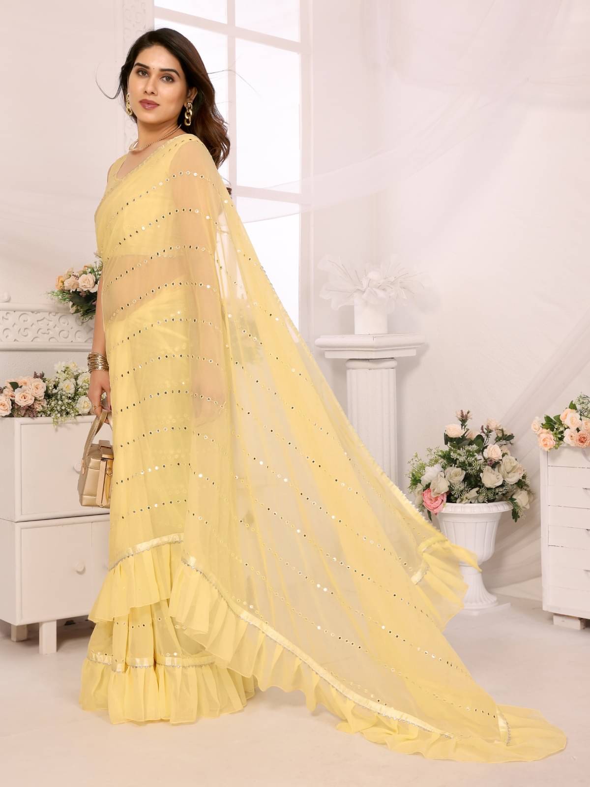 DIKONA DESIGNER Georgette Embroidered Saree With Unstitched Blouse Piece ( Yellow ) DIKONA DESIGNER Georgette Embroidered Saree With Unstitched Blouse Piece ( Yellow )