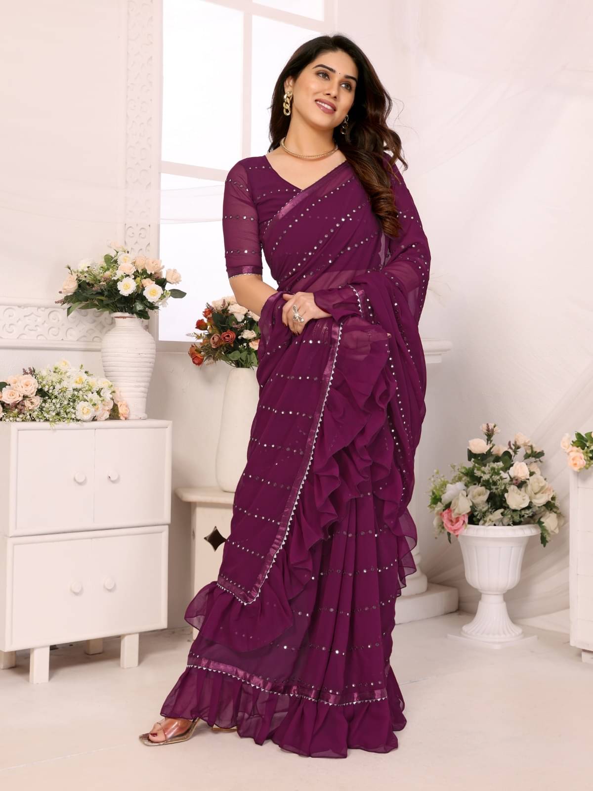 DIKONA DESIGNER Georgette Embroidered Saree With Unstitched Blouse Piece ( Purple ) DIKONA DESIGNER Georgette Embroidered Saree With Unstitched Blouse Piece ( Purple )