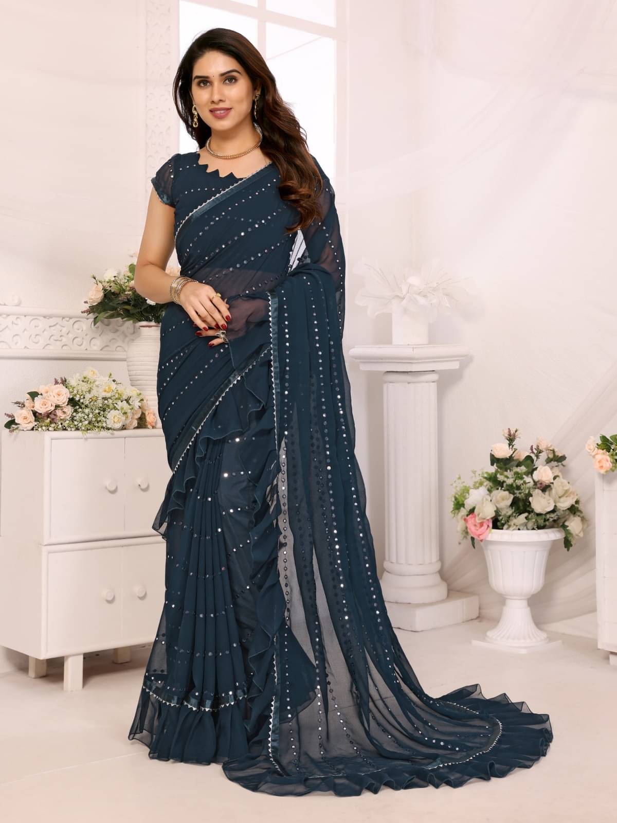 DIKONA DESIGNER Georgette Embroidered Saree With Unstitched Blouse Piece ( Rama ) DIKONA DESIGNER Georgette Embroidered Saree With Unstitched Blouse Piece ( Rama )