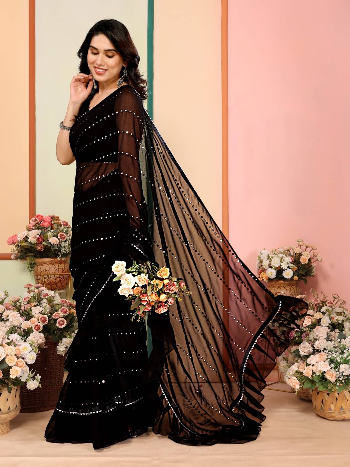     			DIKONA DESIGNER Georgette Embroidered Saree With Unstitched Blouse Piece ( Black )