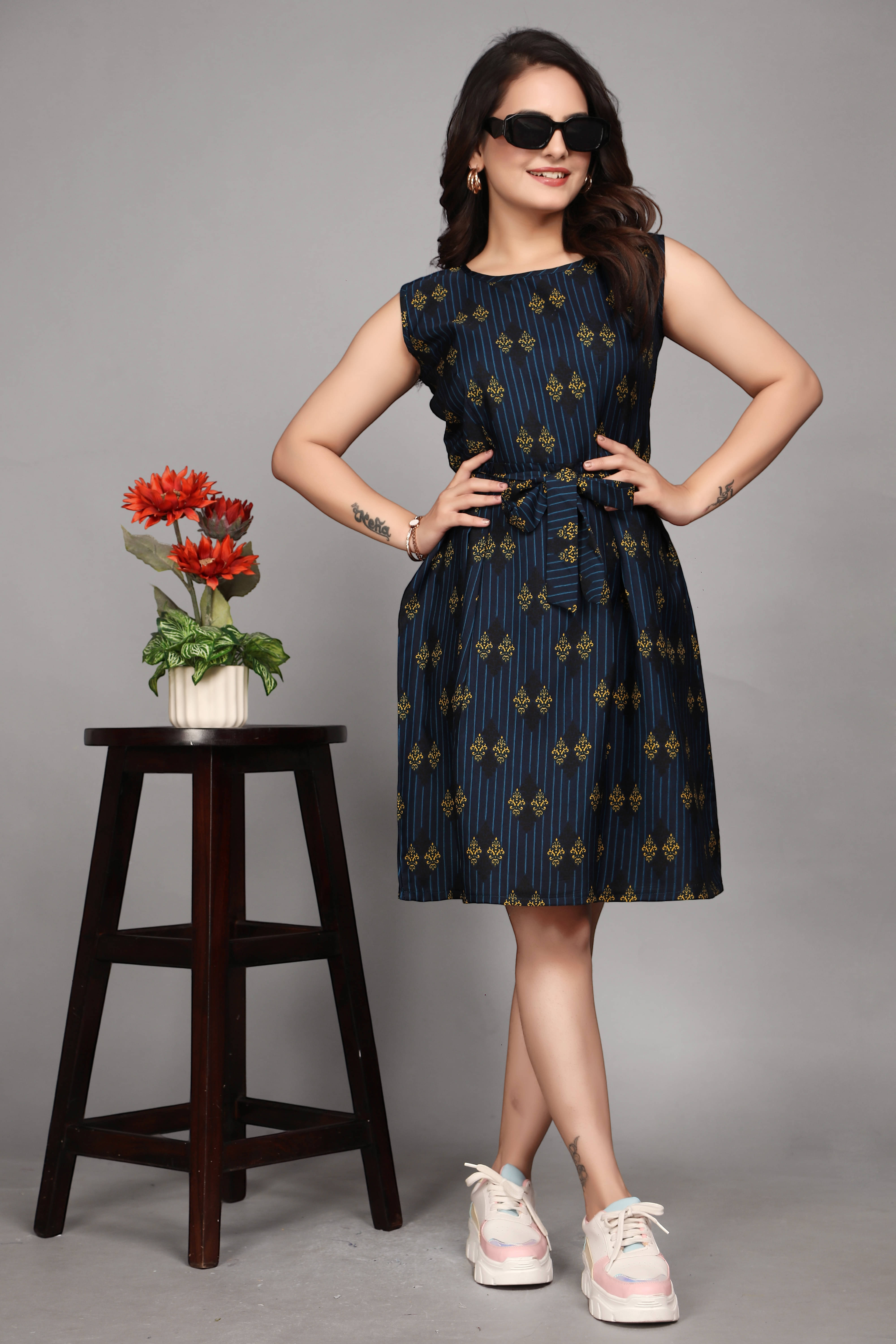     			Devakii Women Crepe Printed Fit & Flare Dress ( Navy Blue )