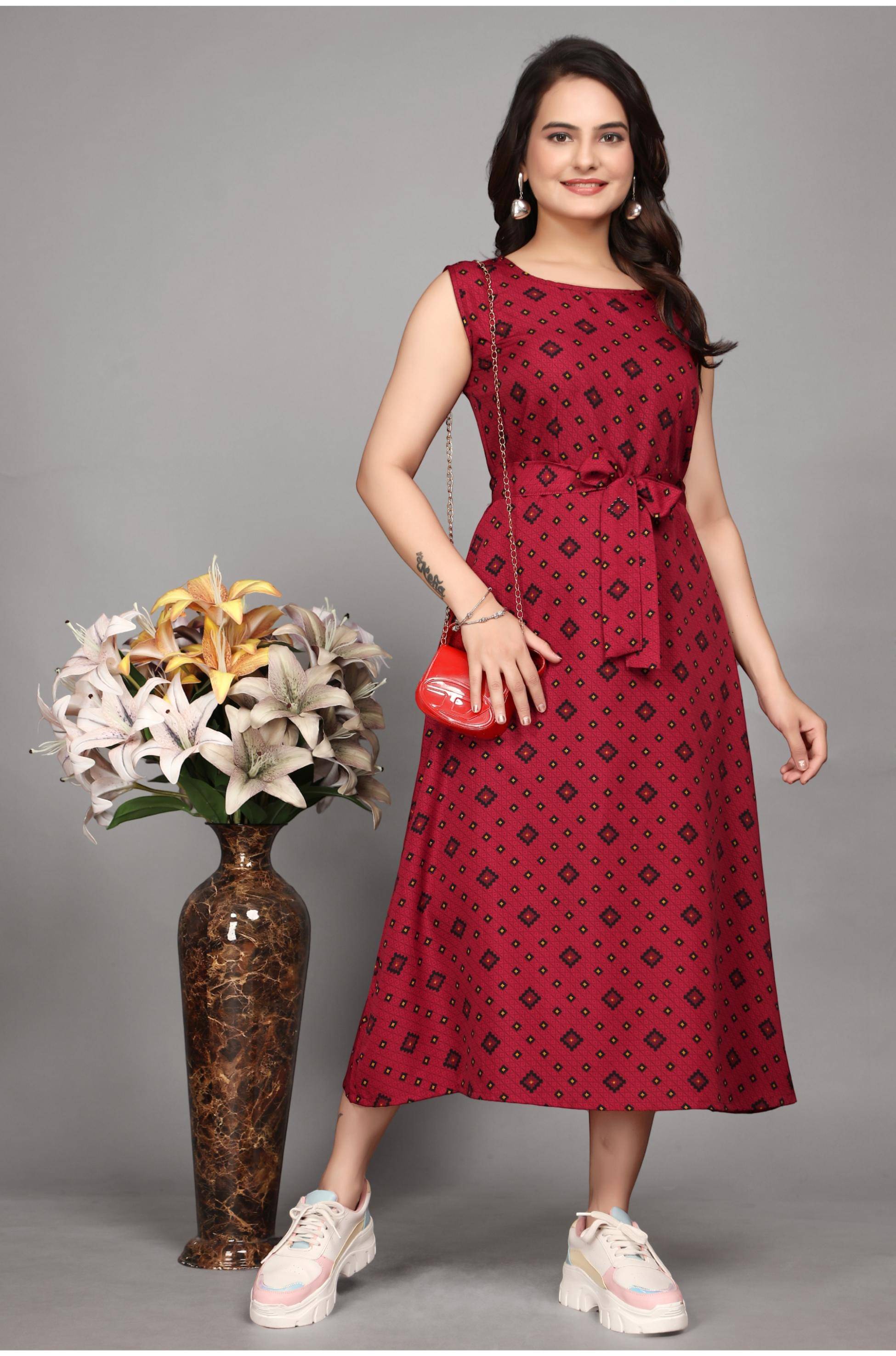 Devakii Women Crepe Printed Fit & Flare Dress ( Maroon ) Devakii Women Crepe Printed Fit & Flare Dress ( Maroon )