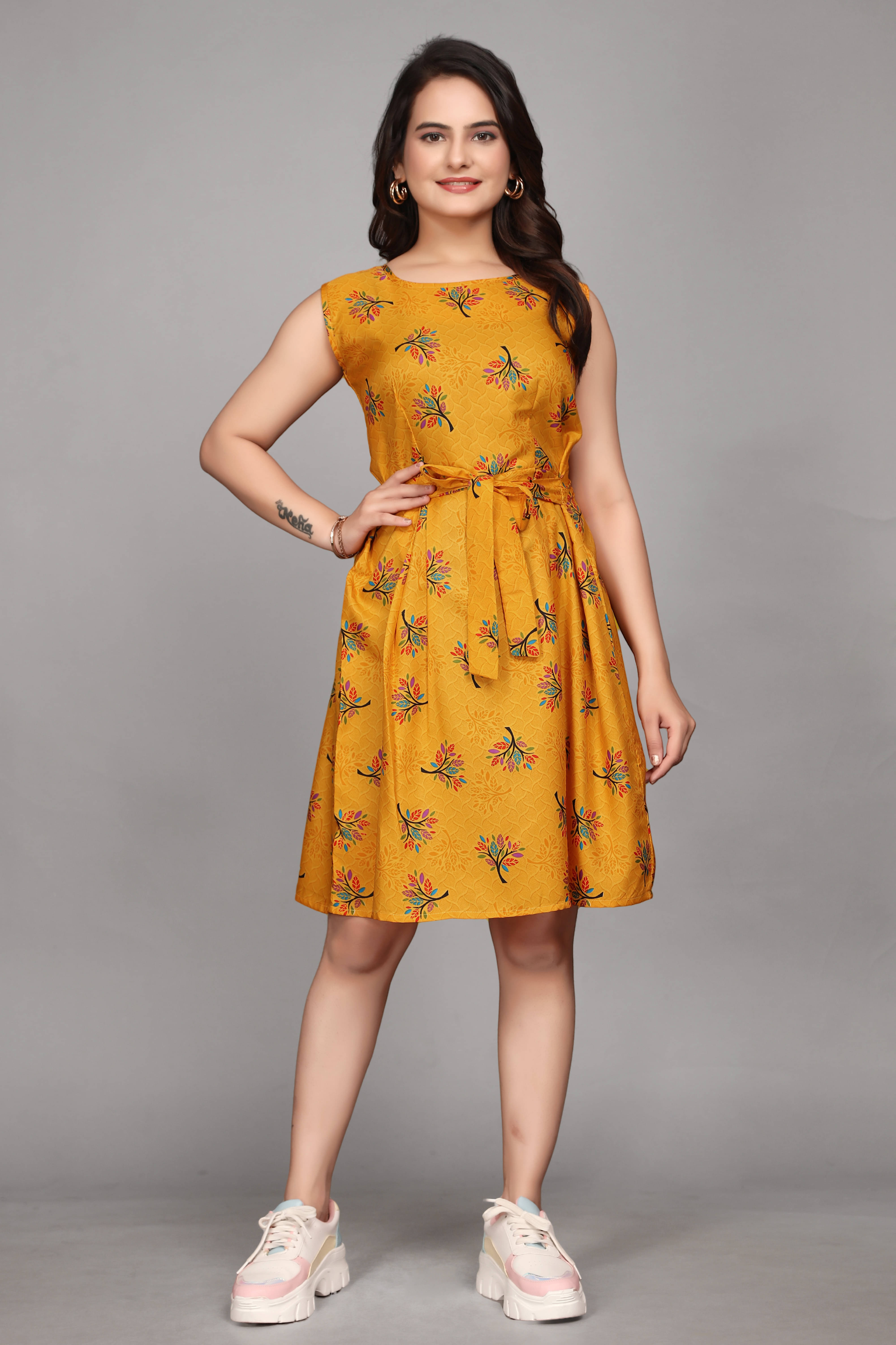 Devakii Women Crepe Printed Fit & Flare Dress ( Mustard ) Devakii Women Crepe Printed Fit & Flare Dress ( Mustard )