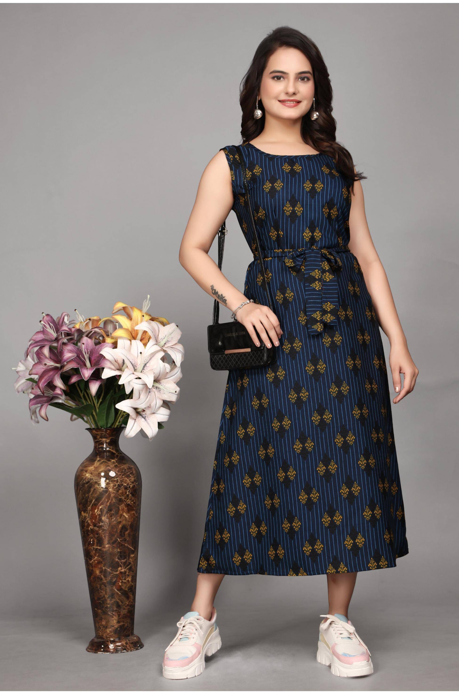 Devakii Women Crepe Printed Fit & Flare Dress ( Navy Blue ) Devakii Women Crepe Printed Fit & Flare Dress ( Navy Blue )