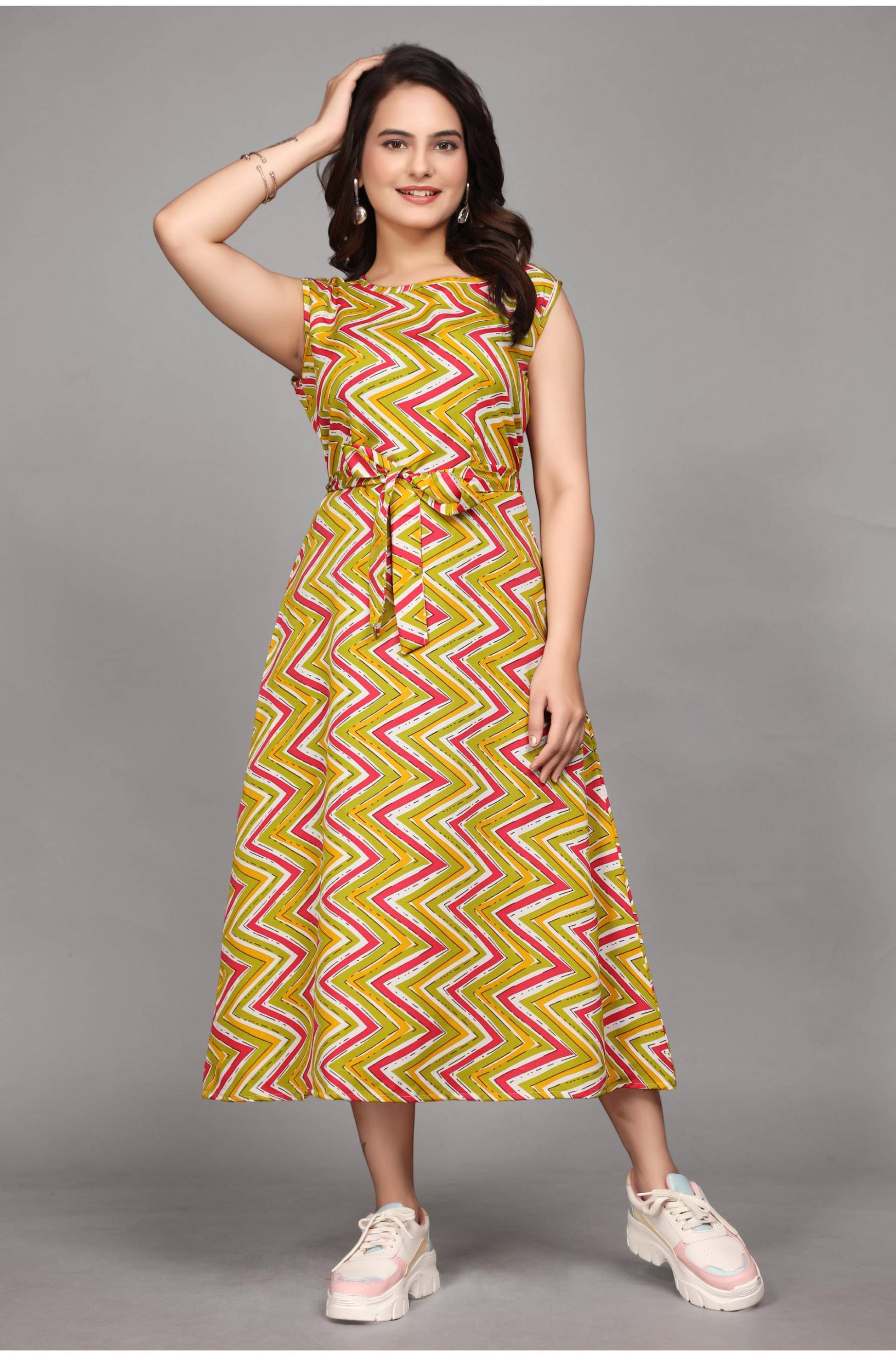 Devakii Women Crepe Printed Fit & Flare Dress ( Lime Green ) Devakii Women Crepe Printed Fit & Flare Dress ( Lime Green )