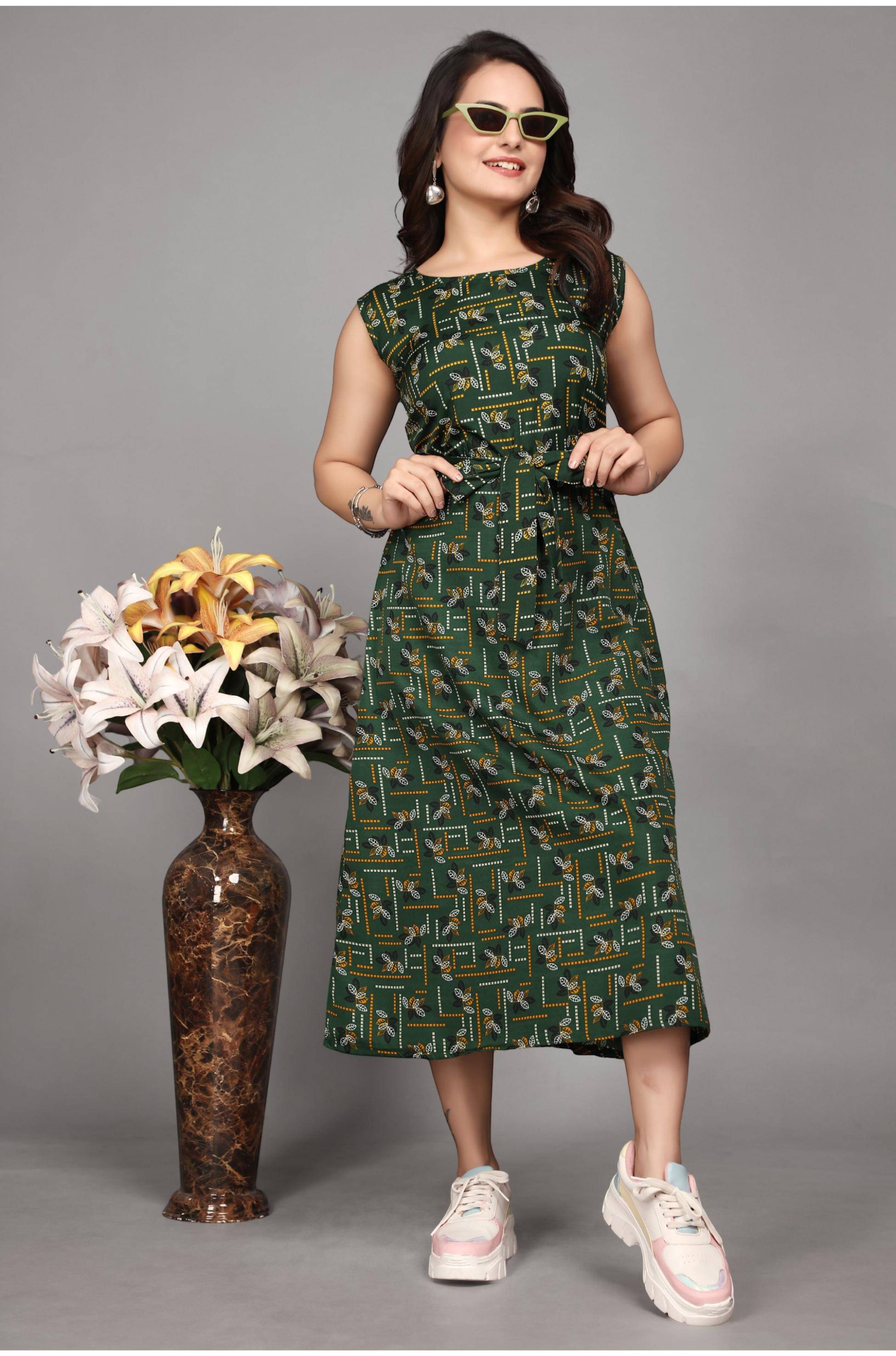     			Devakii Women Crepe Printed Fit & Flare Dress ( Green )