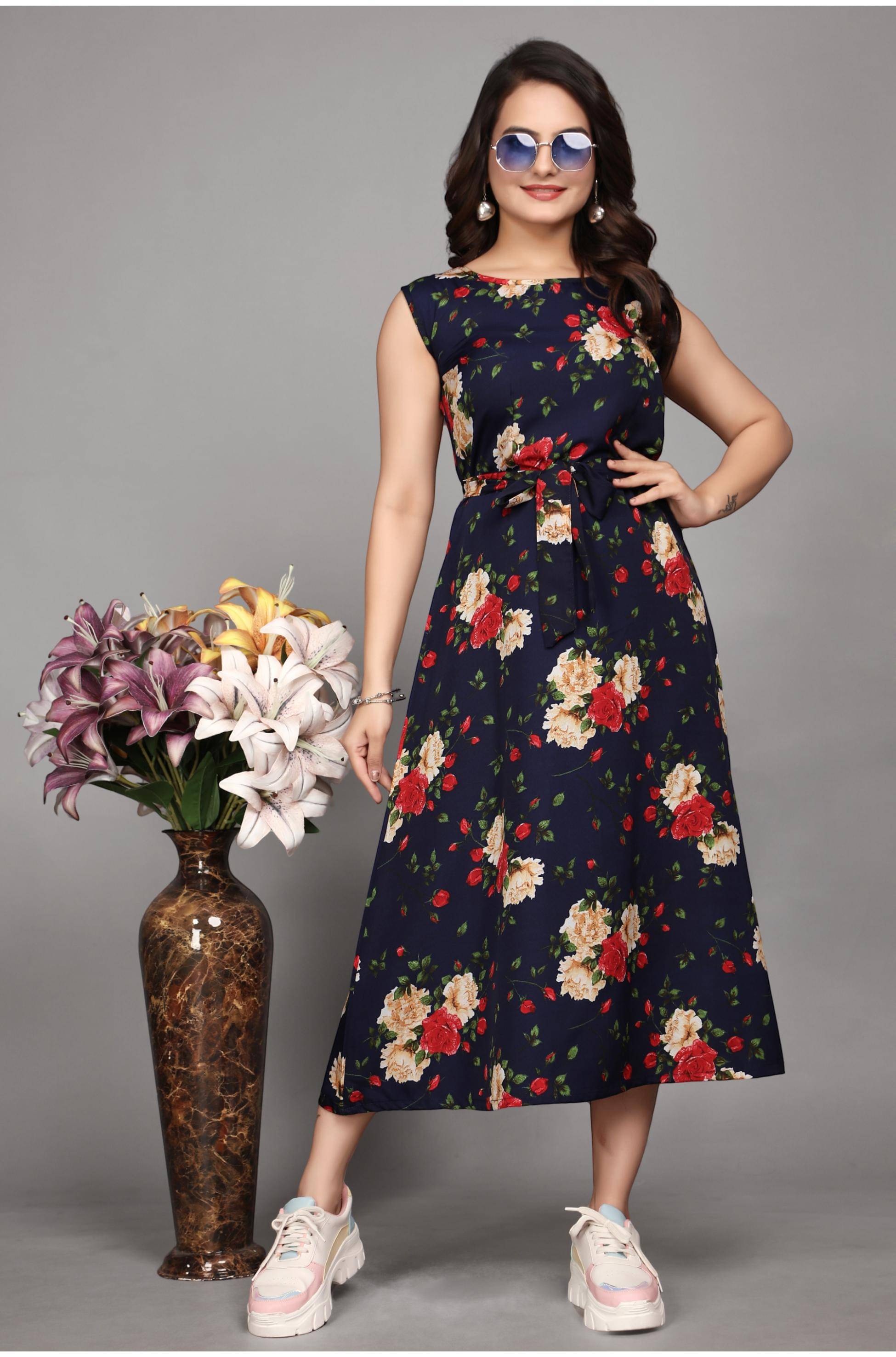     			Devakii Women Crepe Printed Fit & Flare Dress ( Blue )